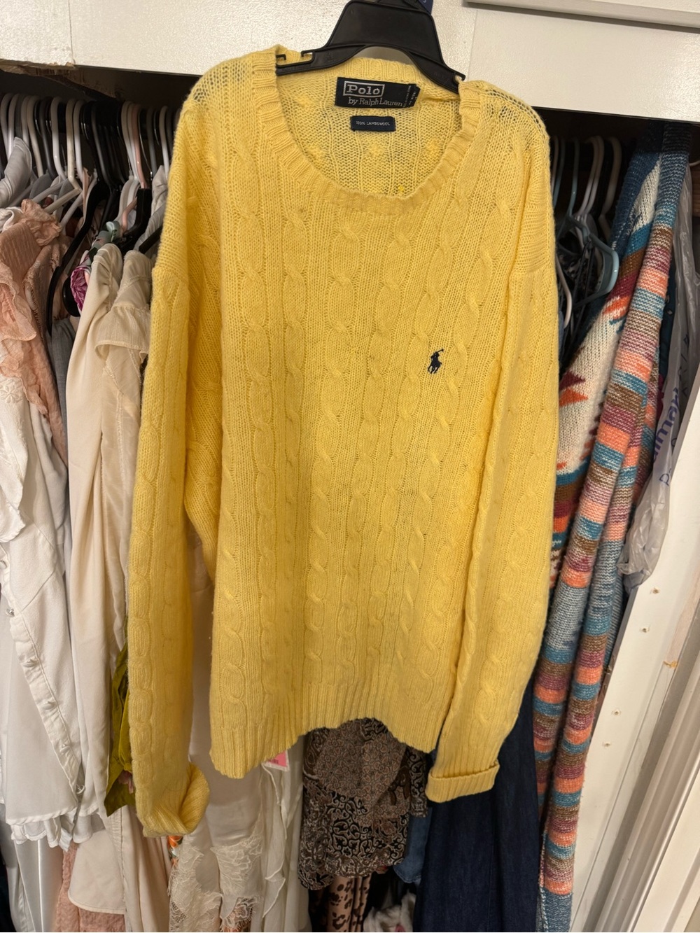 Ralph Lauren Men's Yellow Cable Crewneck Sweater with Navy Pony